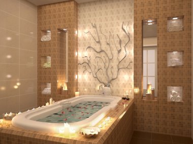 banyo mum ışığında gül yaprakları ile 3D Illustration. Relaksin