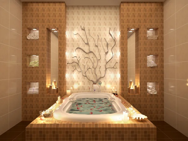 3d illustration of bath with rose petals by candlelight. Relaxin — Stock Photo, Image