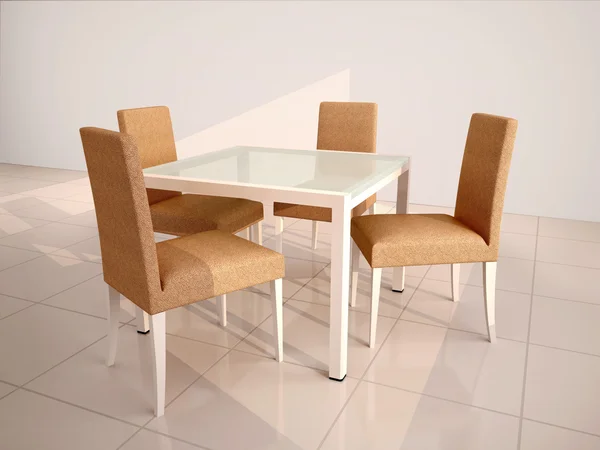 Egy sor bútorok, asztallal és székekkel 3D illusztrációja — Stock Fotó