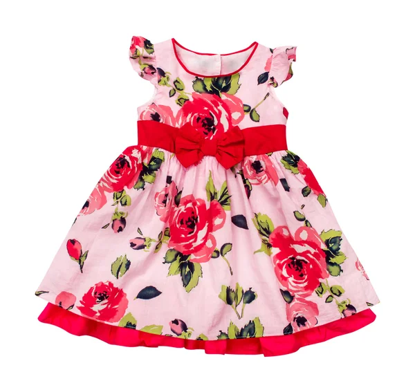 Bright pink baby dress in floral print on an isolated white back — Stock Photo, Image