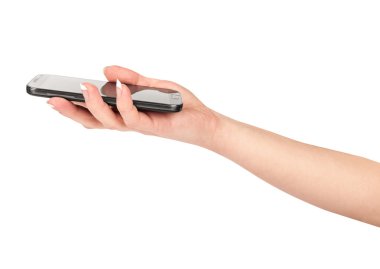 El tutma mobil akıllı telefon. Beyaz izole.