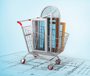 Planı üzerinde alışveriş sepeti içinde pencere eşiği. Sıcak ev co