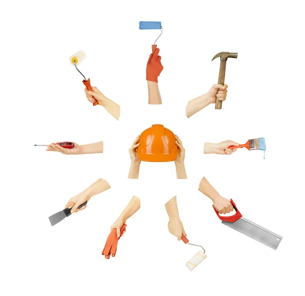 Set of hands with tools isolated on white background — Stock Photo, Image