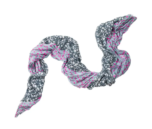 Серый с розовым шарфом в воздухе на белом фоне — стоковое фото