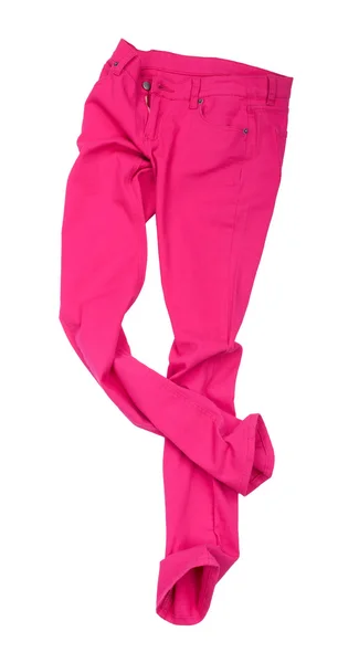 明亮的粉红色牛仔裤落在白色的背景 — 图库照片