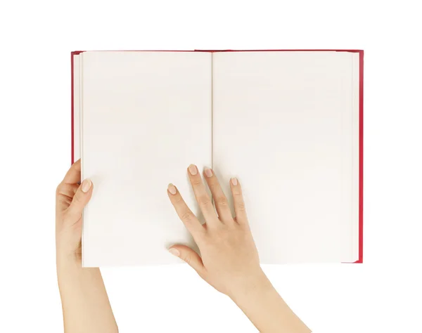 Hands hold the red book(diary) empty spread isolated white. — Stock Photo, Image