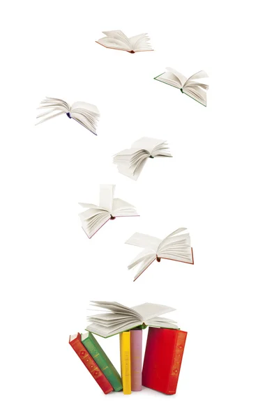 Stack of  books and flying books isolated on white — Stock Photo, Image