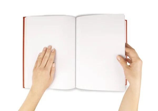 Mãos segurar o livro vermelho (diário) vazia espalhar isolado branco . — Fotografia de Stock