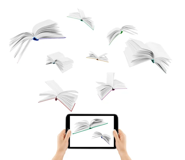 Передача інформації. Книги, що летять у планшеті, ізольовані на білому — стокове фото