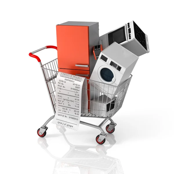 Large home appliances with a check in the shopping cart. Sales c — Stock Photo, Image