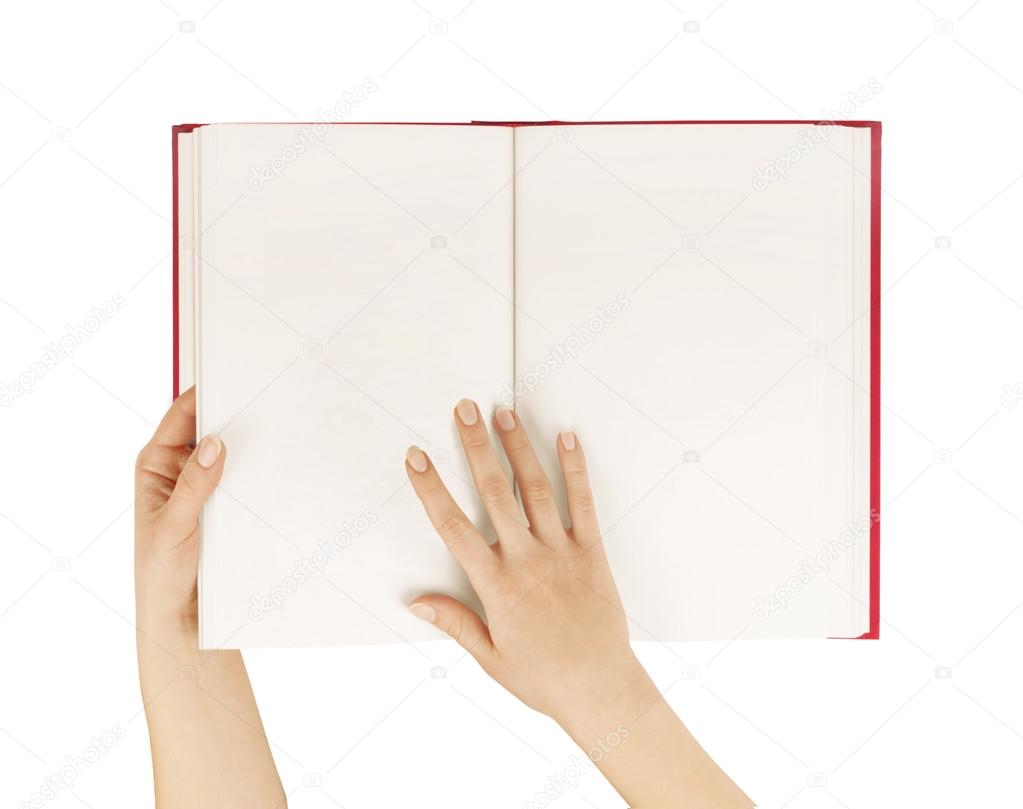 Hands hold the red book(diary) empty spread isolated white.