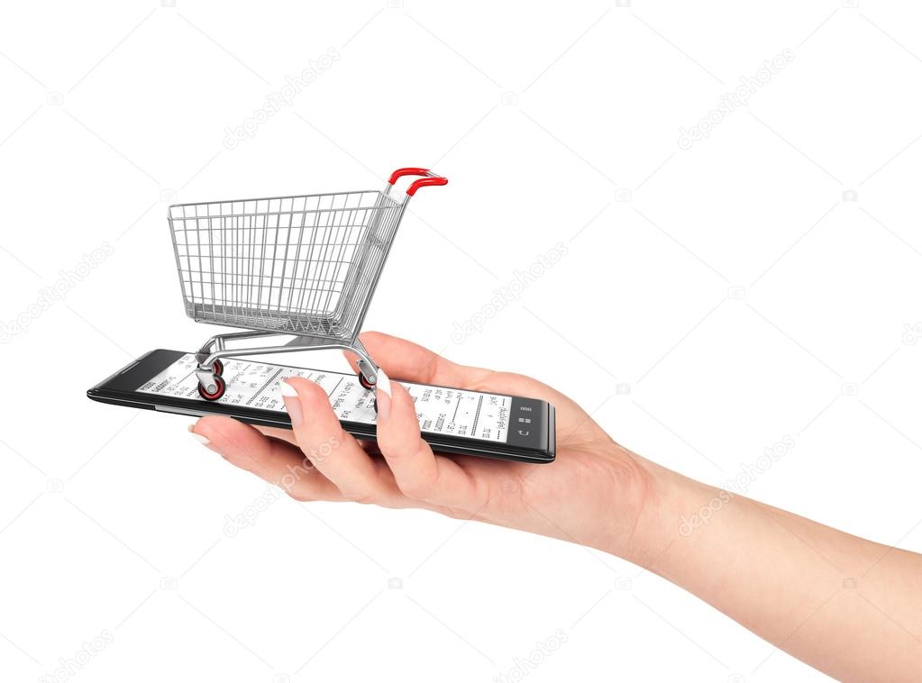 Online shop concept. Female hand holding a phone on which stands