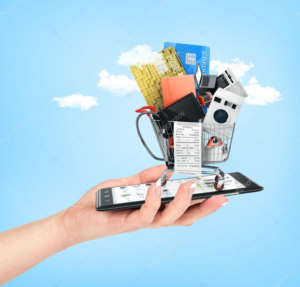 Online alışveriş kavramı. El tutmak büyük ev uygulaması ile telefon