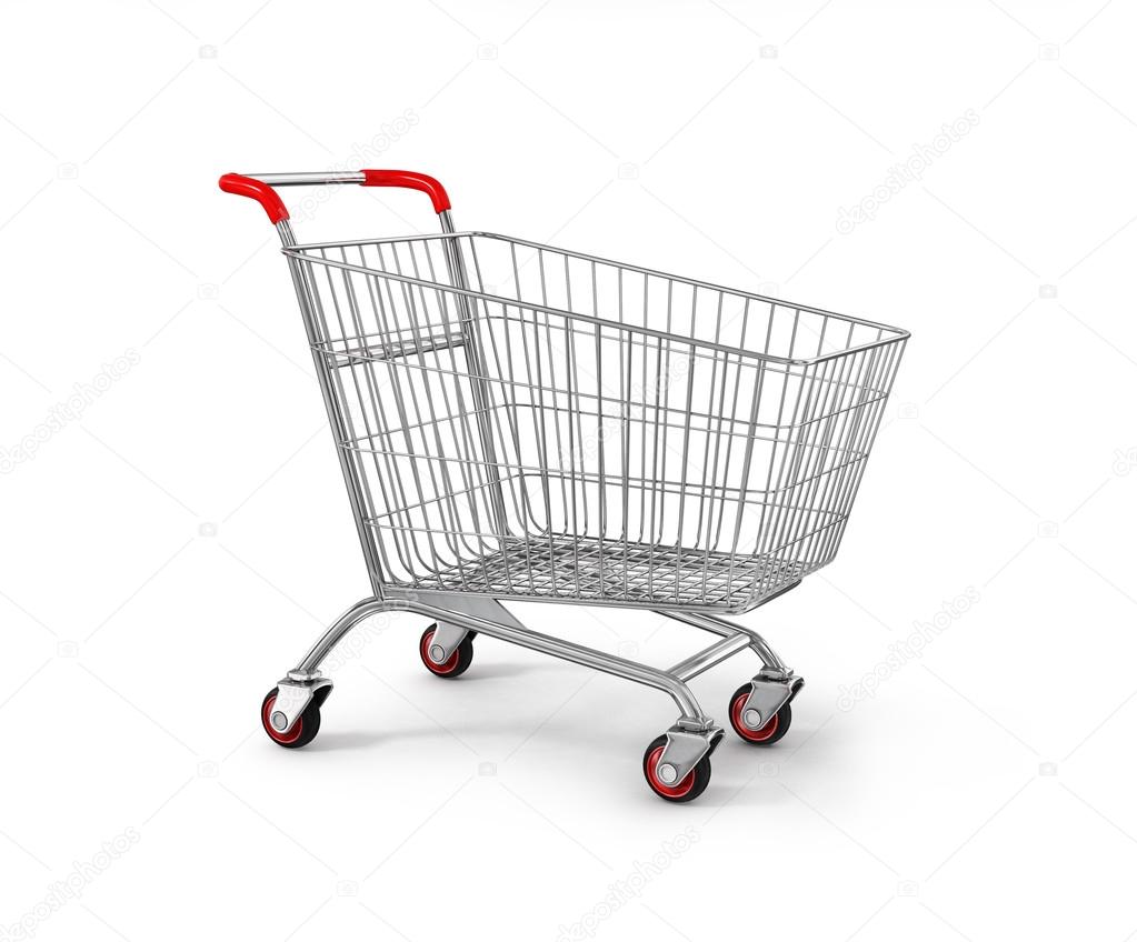 Original empty shopping cart, side view, isolated on white backg