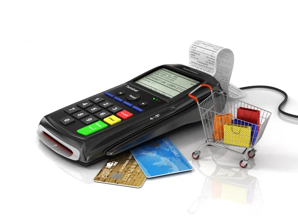 Terminal de pago con tarjeta de crédito, dinero y bolsa de compras en whi —  Fotos de Stock