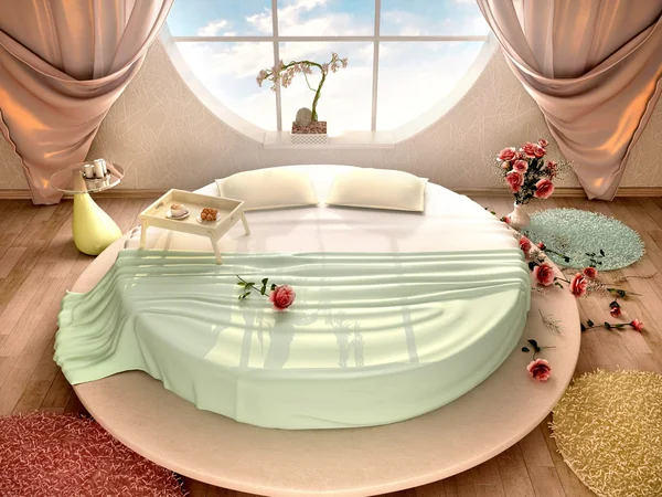 3d illustration of interior with a round bed and a round window — Stock Photo, Image