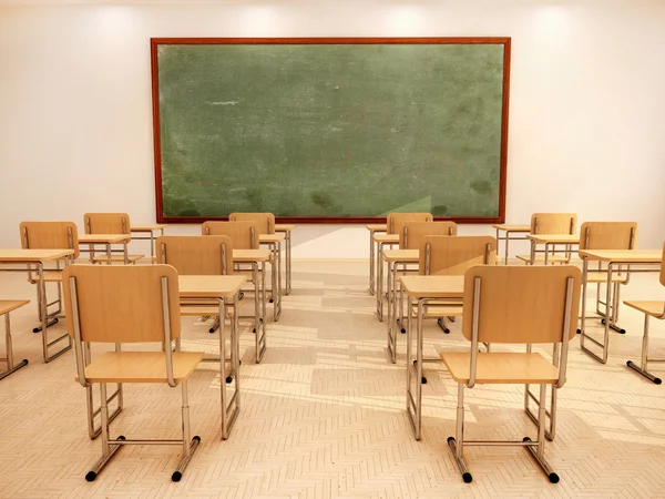 Illustration 3D d'une salle de classe vide et lumineuse avec bureaux et chaises — Photo