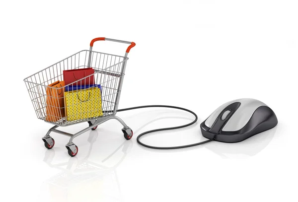 Shopping tassen in het winkelwagentje met computermuis. Online S — Stockfoto