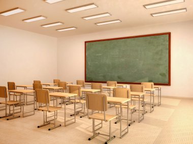 Masalar ve sandalyeler ile parlak boş sınıfa 3D çizimi