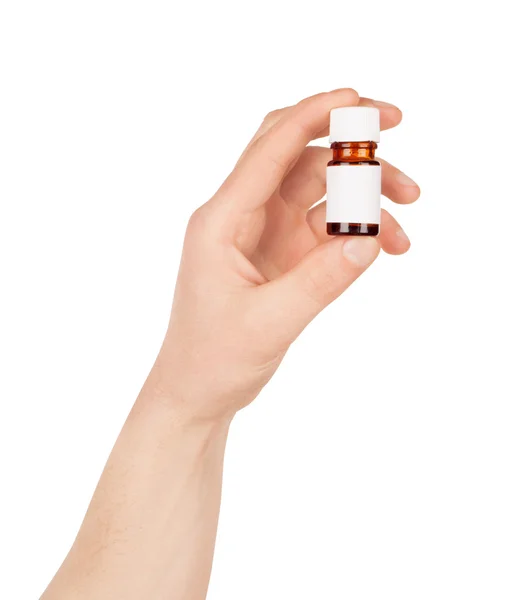 Uomo mano con piccola bottiglia isolata su sfondo bianco — Foto Stock