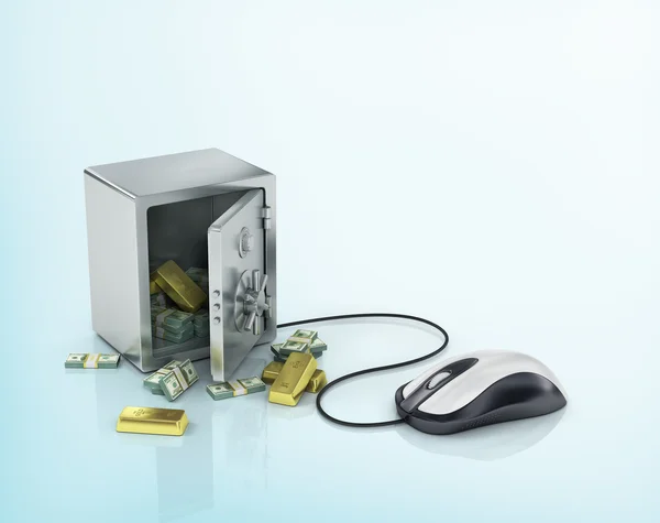 Safe with gold and money and computer mouse.Internet banking, pa