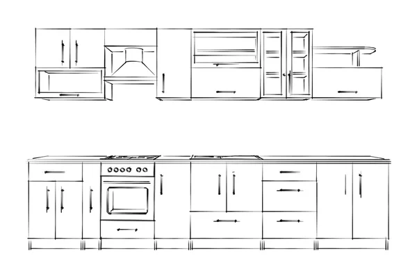 厨房家具设置。素描黑白. — 图库照片