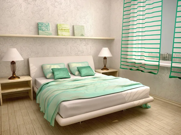 薄い青緑色で寝室のインテリアの 3 d イラストレーション — ストック写真