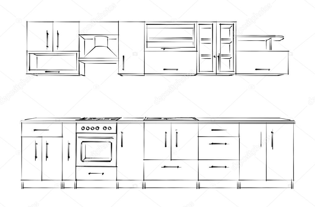 Kitchen furniture set. Sketch black-and-white.