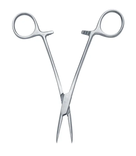 A pair of stainless steel surgical forceps over a white backgrou — Stock Photo, Image