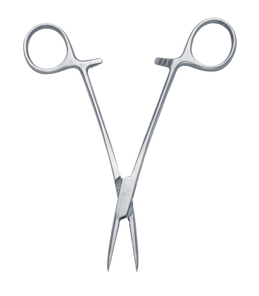 a pair of stainless steel surgical forceps over a white backgrou
