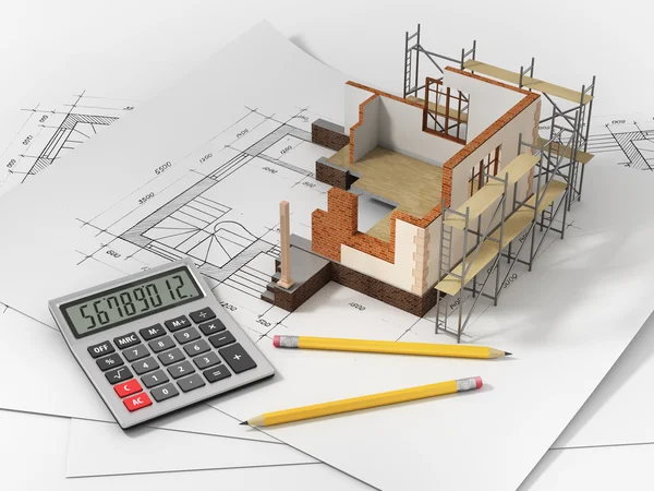 House with open interior on top of blueprints, documents and mor — Stock Photo, Image
