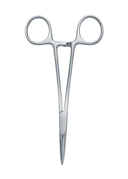 A pair of stainless steel surgical forceps over a white backgrou — Stock Photo, Image