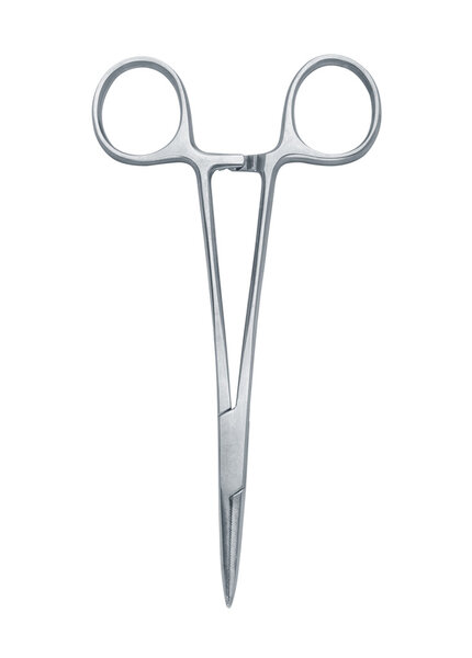 a pair of stainless steel surgical forceps over a white backgrou