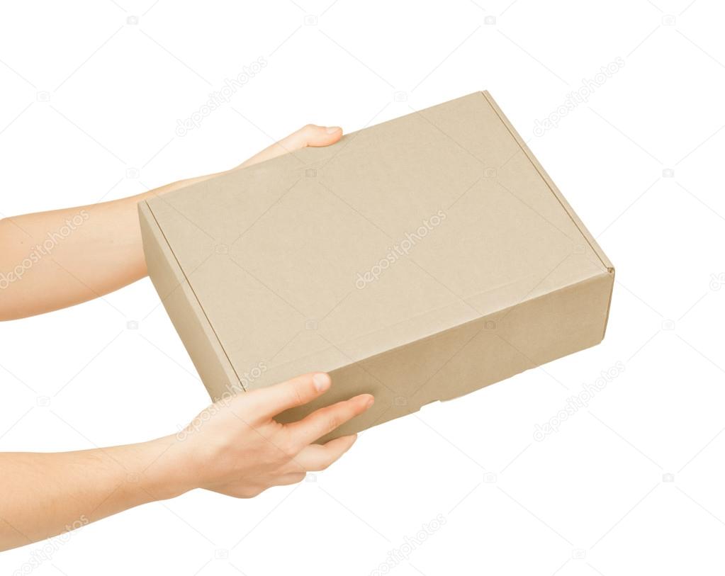 Man's hand with cardboard box on white background