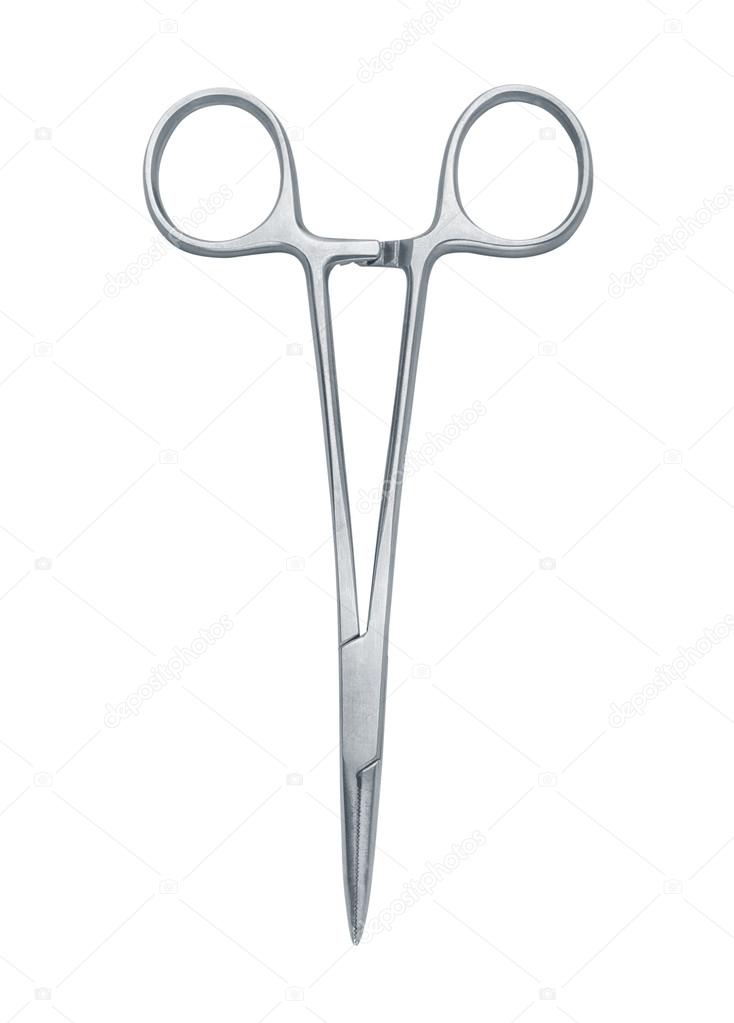 a pair of stainless steel surgical forceps over a white backgrou