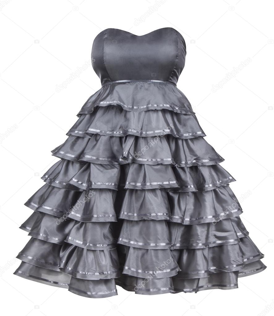 Gray strapless dress with a fluffy skirt on an isolated white ba