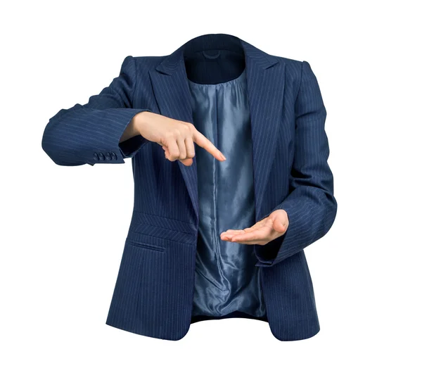 Business management concept. Empty blue jacket with hands pointi — Stock Photo, Image