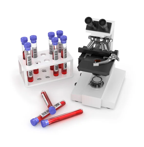 Laboratory work, microscope, test tubes, on a white background — Stock Photo, Image