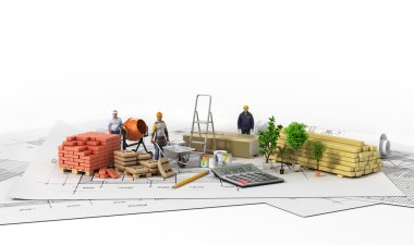 Construction materials with blueprint on the wtite background. clipart