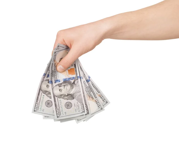 Bilden av handen håller 100 dollarsedlar isolerad på vit — Stockfoto