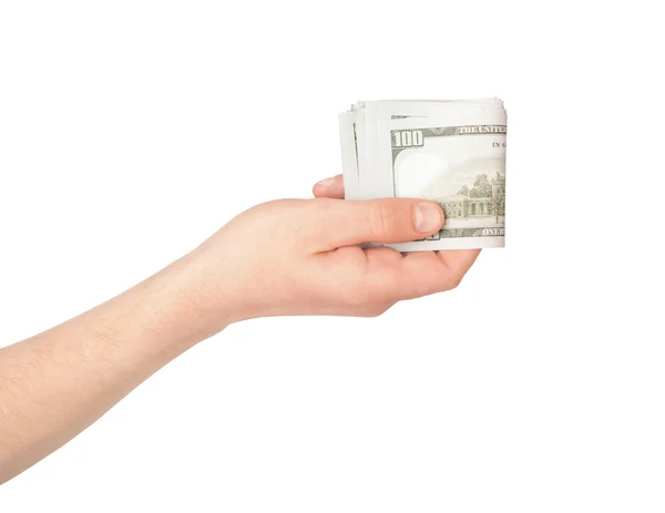 Hand bedrijf Amerikaanse dollarbiljetten. Geïsoleerd op een witte CHTERGRO — Stockfoto