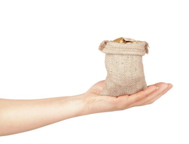 Sikke üzerinde beyaz izole el ile çanta