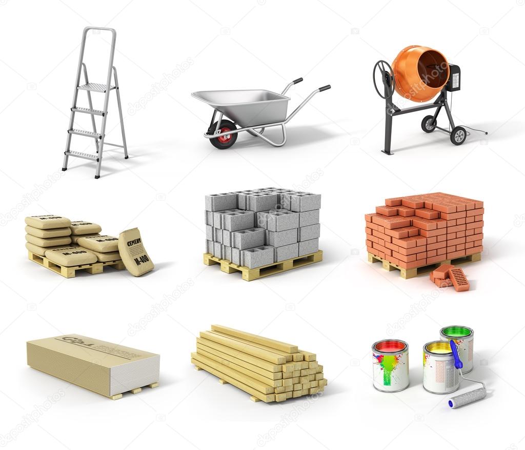 Set of construction material. Ladder, wheel, concrete mixer, cem