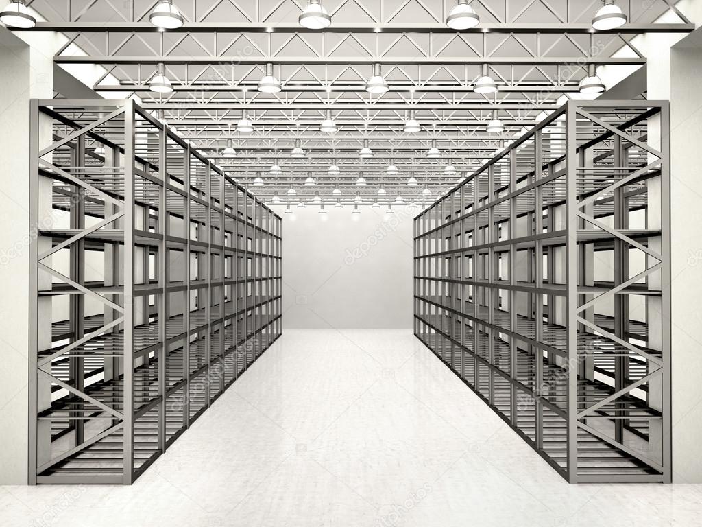 3d illustration of rows of shelves with boxes in modern warehous