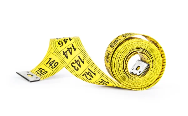 Yellow tape measure on rolled up on white background — Stock Photo, Image