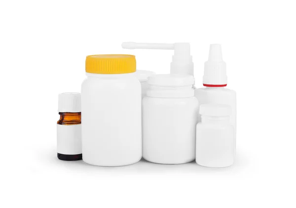 Vasi e preparazioni mediche isolate su bianco — Foto Stock