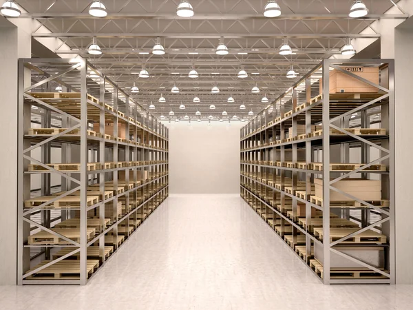 3d illustration of rows of shelves with boxes in modern warehous — Stock Photo, Image