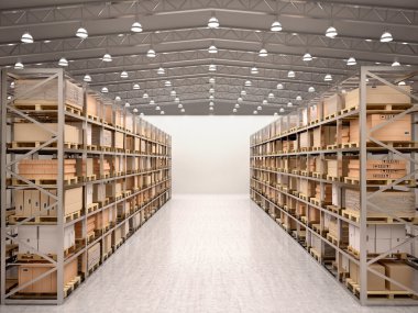 modern warehous kutuları raflara satırlarının 3D çizimi