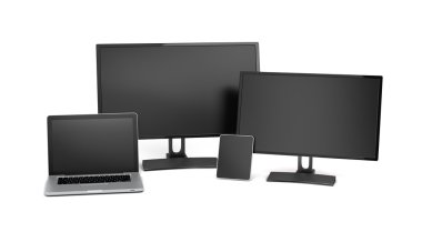 Dizüstü bilgisayar, tablet bilgisayar, monitör beyaz bir arka plan üzerinde.