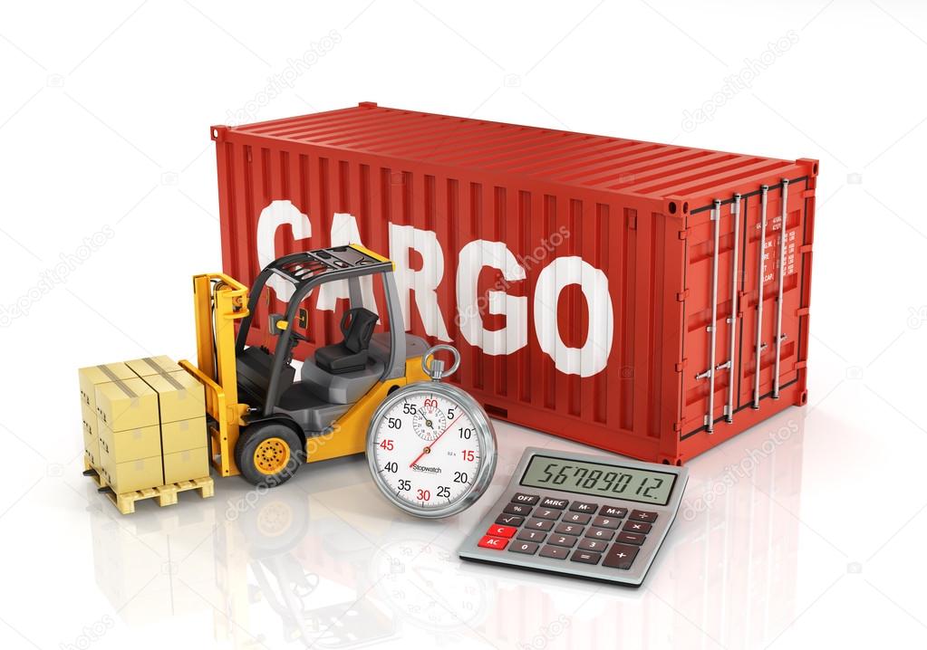 Container with forklift stacker loader holding cardboard boxes a